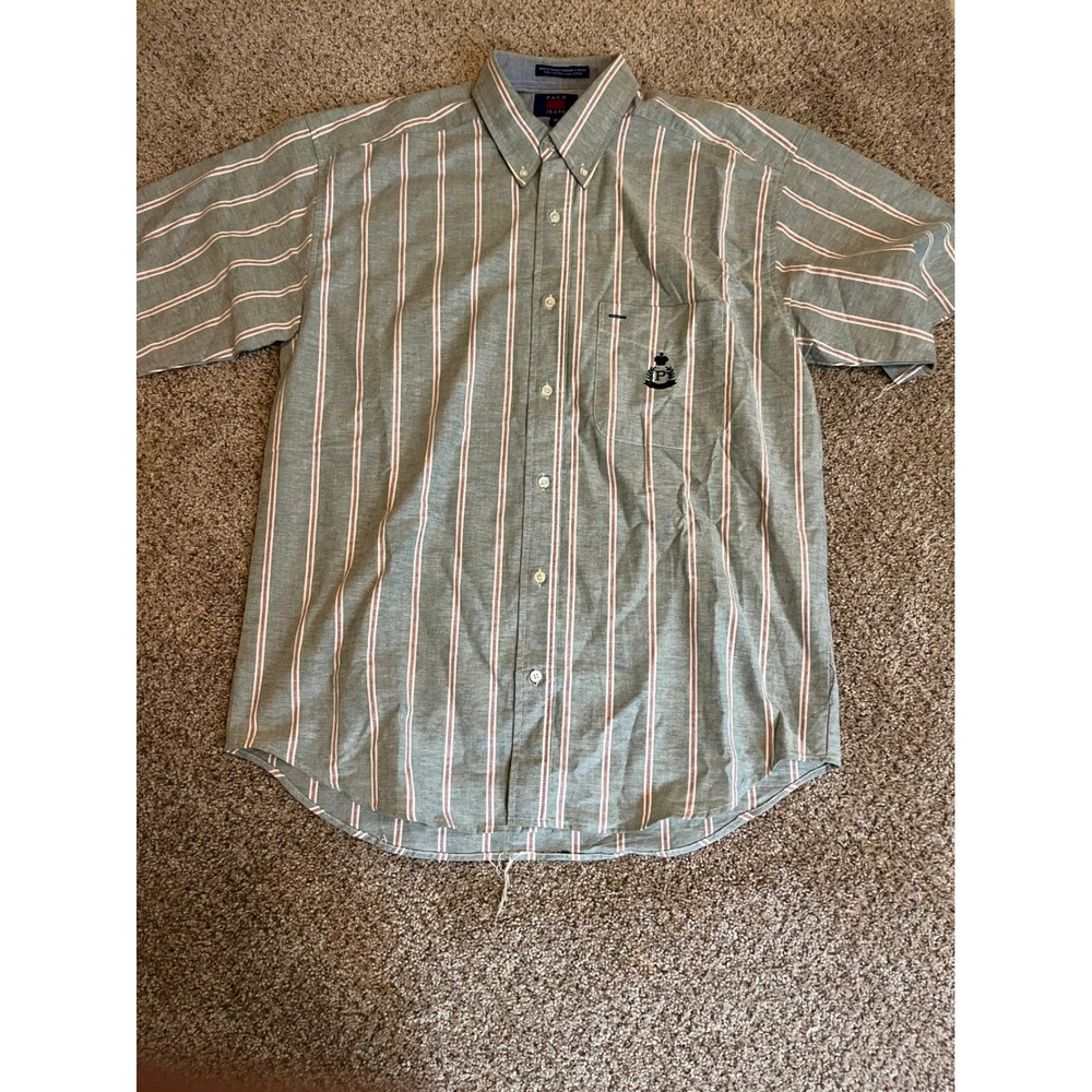 Paco Jeans Men Button Down Shirt Oversized Medium Grey Striped Short Sleeve Logo